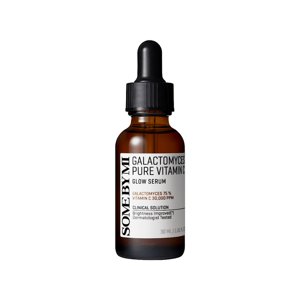 SOME BY MI Galactomyces Pure Vitamin C Glow Serum 30ml bottle, a brightening Korean skincare serum with galactomyces ferment and pure vitamin C to improve skin texture, reduce dark spots, and boost radiance for a glowing complexion.