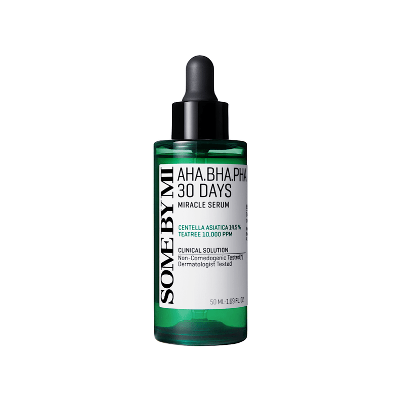 SOME BY MI AHA.BHA.PHA 30 Days Miracle Serum bottle, a Korean skincare serum with exfoliating acids AHA, BHA, and PHA designed to reduce acne, minimize pores, and improve skin texture; suitable for sensitive and acne-prone skin.