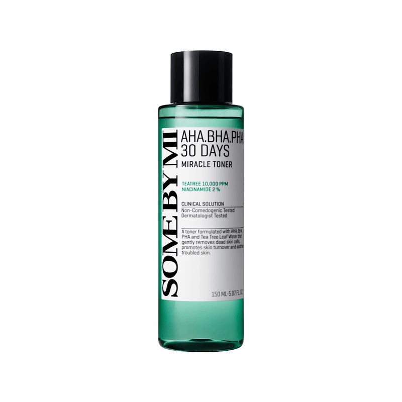 SOME BY MI AHA.BHA.PHA 30 Days Miracle Toner bottle, a Korean skincare toner with AHA, BHA, and PHA for gentle exfoliation, pore tightening, and acne reduction, designed to clear skin in 30 days.