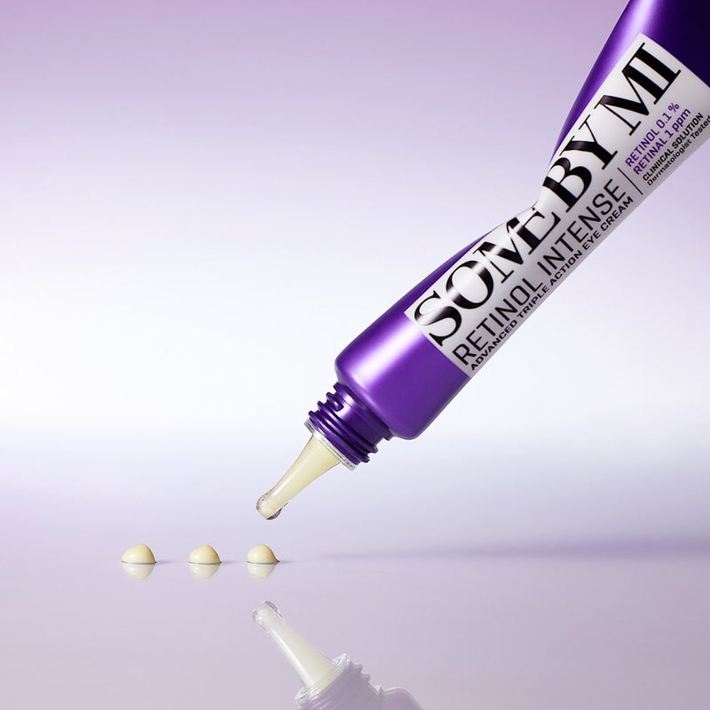 Close-up of SOME BY MI Retinol Intense Advanced Triple Action Eye Cream, a Korean skincare eye treatment designed to hydrate, firm, and brighten the delicate eye area with advanced retinol technology for visibly smoother skin.