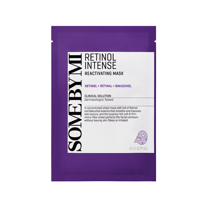 SOME BY MI - Retinol Intense Reactivating Mask packet, an anti-ageing Korean skincare sheet mask enriched with retinol and peptides to reduce fine lines, firm skin and boost radiance; suitable for rejuvenating and rehydrating all skin types.