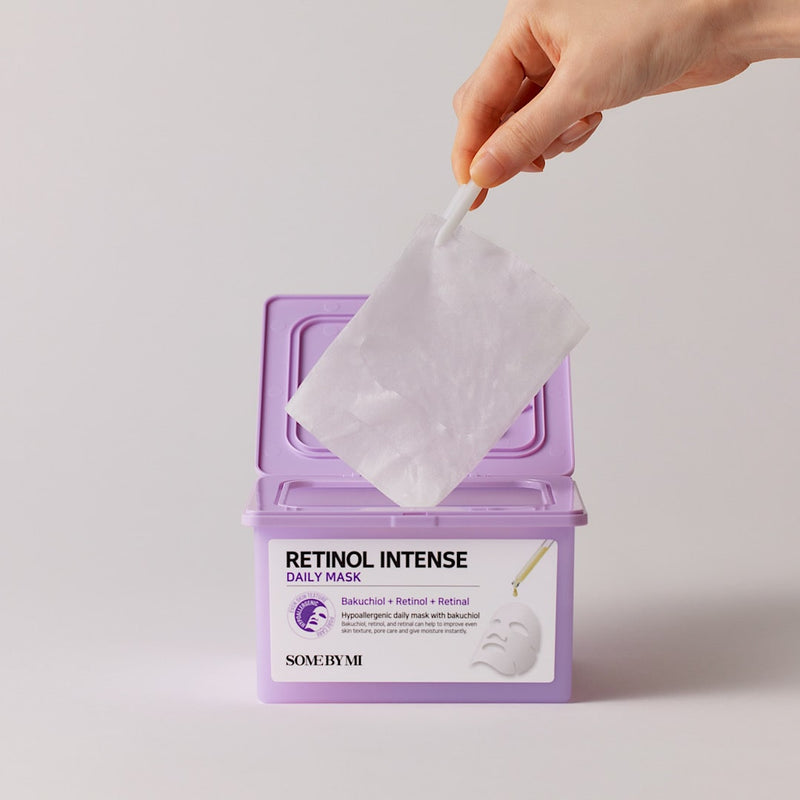 Close-up of SOME BY MI Retinol Intense Daily Mask, an anti-ageing sheet mask designed to hydrate, smooth wrinkles, and rejuvenate skin with retinol, ideal for daily use to maintain a youthful glow.