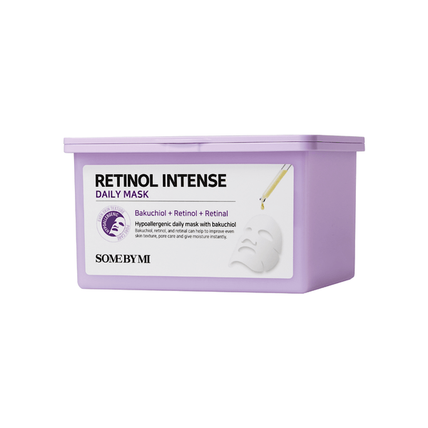 SOME BY MI Retinol Intense Daily Mask in packaging, a Korean skincare sheet mask infused with retinol and peptides to reduce fine lines, improve elasticity, and enhance skin firmness for daily anti-aging care.