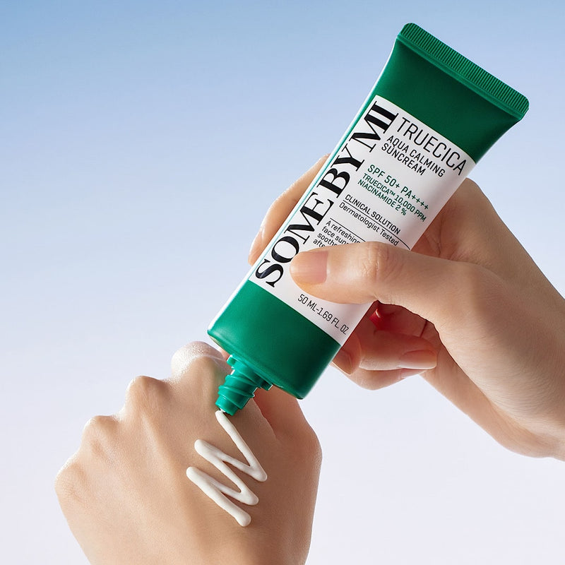 SOME BY MI Truecica Aqua Calming Suncream SPF50+ PA++++, a Korean skincare sunscreen providing broad-spectrum UVA/UVB protection, soothing and moisturizing the skin with a non-irritating, refreshing formula ideal for daily sun protection.
