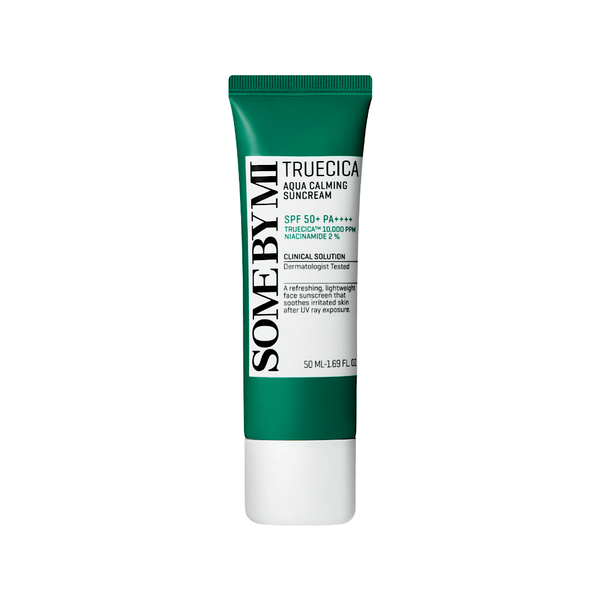 SOME BY MI Truecica Aqua Calming Suncream SPF50+ PA++++ tube, a lightweight Korean sunscreen with Truecica complex for soothing sensitive skin, offering high UV protection and hydration without a greasy finish.