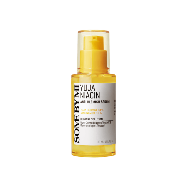 SOME BY MI Yuja Niacin Anti-Blemish Serum bottle, a brightening Korean skincare serum infused with yuja extract and niacinamide to reduce dark spots, even skin tone, and target blemishes for a radiant complexion.