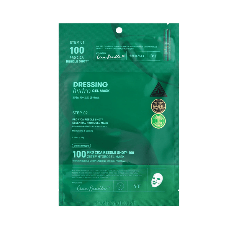 VT Cosmetics Pro Cica Reedle Shot 100 2-Step Hydrogel Mask with Cica Exosomes and Reedle technology for soothing sensitive skin.