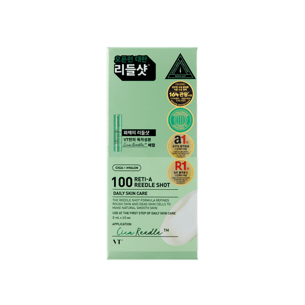 VT Cosmetics Reti-A Reedle Shot 100 Stick Pouch with retinol and bakuchiol for refining skin texture and reducing fine lines.