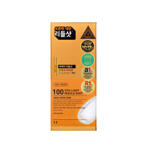 VT Cosmetics Vita-Light Reedle Shot 100 Stick Pouch with vitamin C, niacinamide, and glutathione for brightening and evening skin tone.