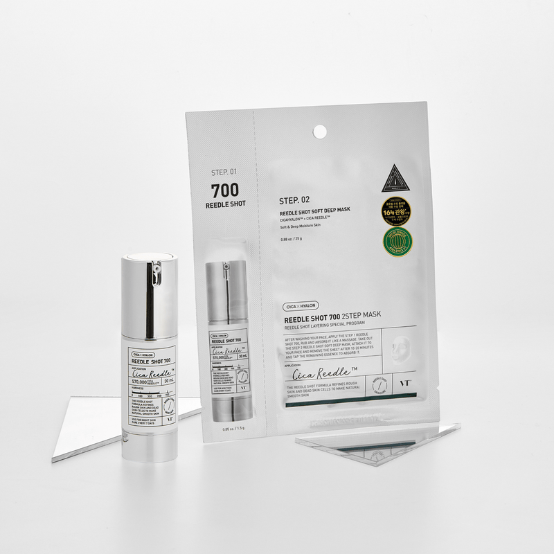 VT Cosmetics Reedle Shot 700 2-Step Mask 25g (1pc) – Micro-needle mask with Centella Asiatica and hyaluronic acid to soothe, hydrate, and refine skin texture.